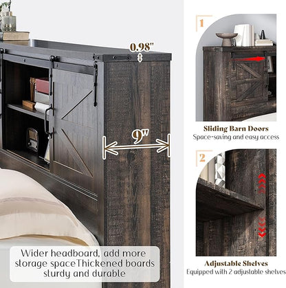 AMERLIFE Farmhouse Full Bed Frame with Storage Headboard & Charging Station, Rustic Wood Platform Bed with Barn Door Bookcase, No Box Spring Needed, Dark Oak Bedroom Furniture