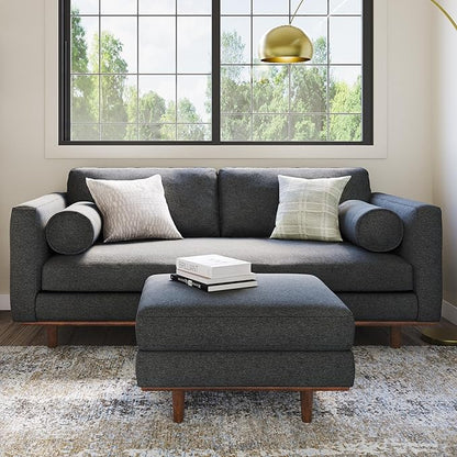 SIMPLIHOME Morrison Mid-Century Modern 72 inch Wide Sofa with Ottoman Set in Charcoal Grey Tightly Woven Performance Fabric for the Living Room and Family Room