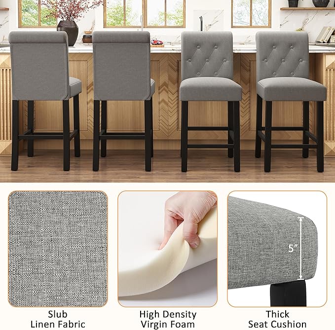 GOTMINSI 24 Inch Bar Stools for Kitchen Island, Set of 2 Fabric Barstools Upholstered Back Counter Bar Stools with Button Tufted Decoration Leisure Style Wooden Bar Chairs(Grey)