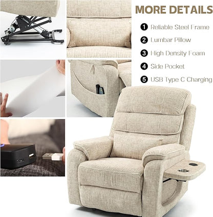 Power Lift Recliners Chairs for Elderly Adults Lay Flat Recliner with Heat & Massage, Wireless Charging Device, USB Ports, Cup Holder, Lumbar Pillow, 400Lbs (Velvet Fibric,Beige)