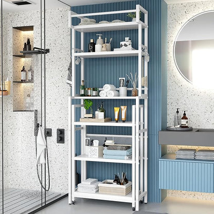 Recaceik 6-Tier Over The Toilet Storage Shelf with Cart, Freestanding Above Toilet Shelf Rack, Farmhouse Bathroom Organizer Shelves, Space Saver (White)