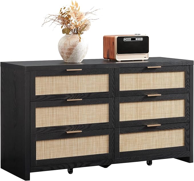 SICOTAS Rattan Dresser for Bedroom, 56.9" Wide 6 Drawer Dresser with Ample Storage, Wooden Dressers Large Chest of Drawers, Closet, Boho TV Stand for Bedroom (Black Oak, 1 Piece)