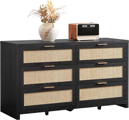 SICOTAS Rattan Dresser for Bedroom, 56.9" Wide 6 Drawer Dresser with Ample Storage, Wooden Dressers Large Chest of Drawers, Closet, Boho TV Stand for Bedroom (Black Oak, 1 Piece)