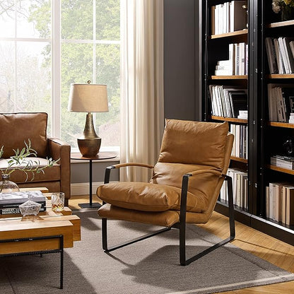 Art Leon Set of 2 Genuine Leather Accent Chairs, Mid Century Modern Lounge Chair Living Room Sofa Chair with Black Metal Frame, Light Brown