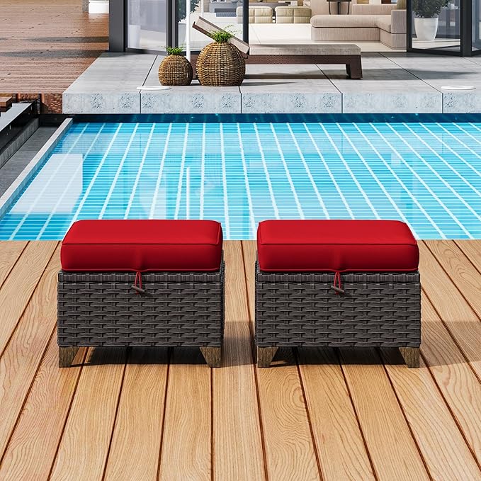 2 Pieces Patio Outdoor Ottomans with Removable and Washable Covers，PE Rattan Wicker Footstools for Porch, Garden, Sunroom (Red)