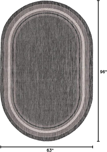 Unique Loom Outdoor Border Collection Area Rug - Soft Border (5' 3" x 8' Oval, Black/ Ivory)