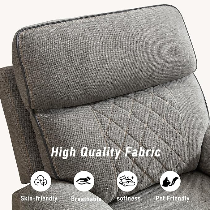 Electric Recliner Chair, Soft Fabric Power Recliners with Metal Cup Holders, Single Overstuffed Heavy Duty Reclining Sofa Chairs for Living Room Bedroom, Light Grey