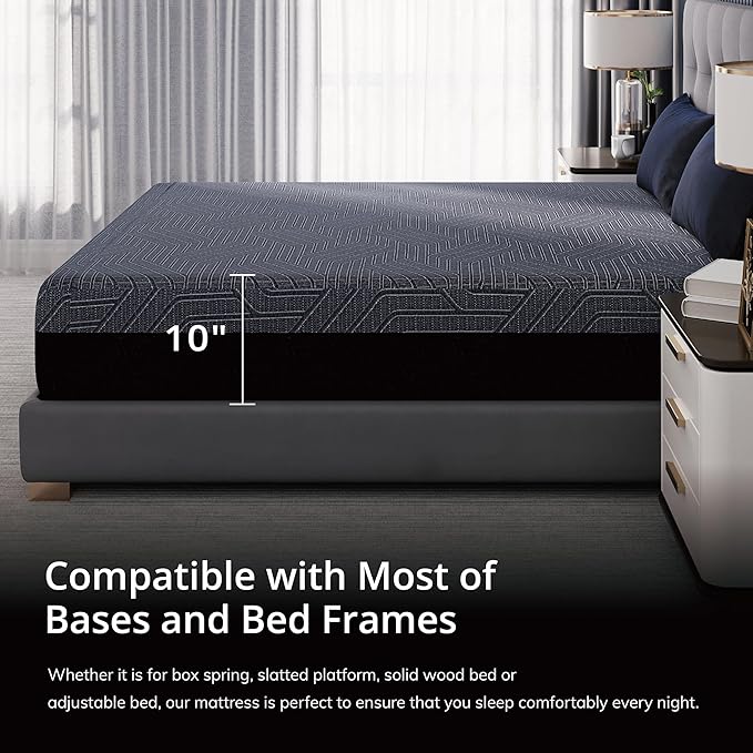 EGOHOME 10 Inch Queen Memory Foam Mattress for Back Pain, Cooling Copper Gel Bed in a Box, Foam Made in USA, CertiPUR-US Certified, Therapeutic Medium Firm, 60x80x10 Black
