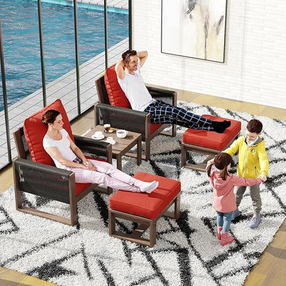 5 Piece Patio Bistro Chair Set with Ottoman, Wooden Outdoor Patio Furniture Set, Patio Wicker Chairs with Coffee Tables for Balcony Deck Backyard
