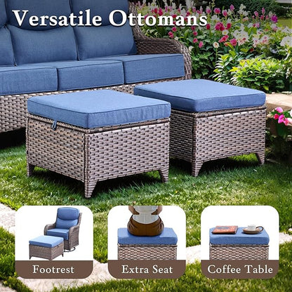 Luxury High Back Outdoor Furniture with 6-inch Extra Thick Cushions, Patio Furniture Set with Swivel Chairs, 5 PCS Wicker Conversation Set for Yard, Patio, Deck, Poolside, Brown/Blue