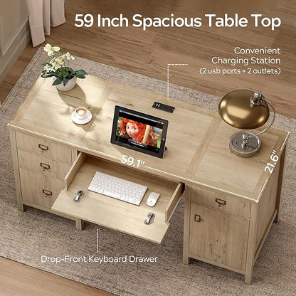 Modern Executive Desk with File Drawers Cabinet,59" Computer Desk with Charging Station, Keyboard Tray, Large Home Office Desk, Farmhouse Wood Desk for Study, Writing, Light Oak