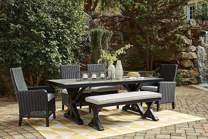 Signature Design by Ashley Beachcroft Casual Nuvella Weather Resistant Fabric Outdoor Bench with Cushion, Light Gray & Black