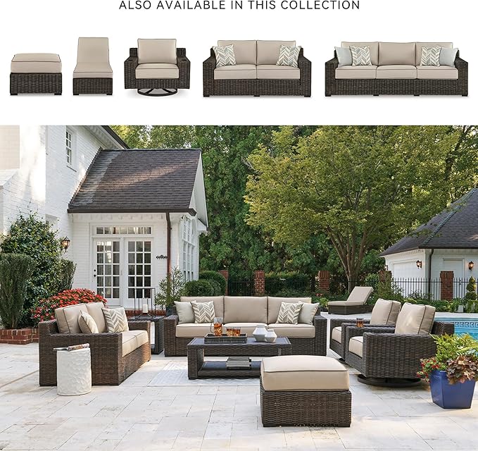 Signature Design by Ashley Coastline Bay Outdoor Patio Nuvella Weather Resistant Fabric, Resin Wicker Ottoman with Cushion, Beige & Dark Brown