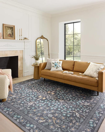 Loloi Rifle Paper Co. Maison Collection MAO-01 Nightingale Black 3'-0" x 3'-0" Round, .19" Pile Height, Accent Rug
