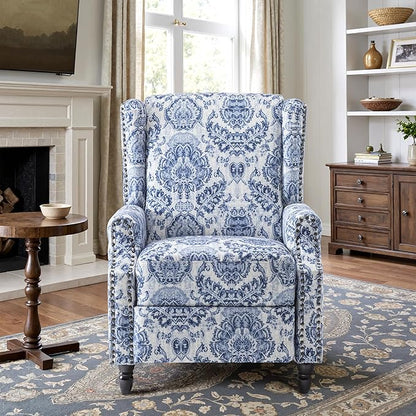Recliner Chair, Upholstered Wingback Floral Pushback Armchair with Adjustable Backrest & Footrest, Comfy Accent Chair Reading Single Sofa for Small Spaces, Living Room, Bedroom (Navy Blue, Set of 1)