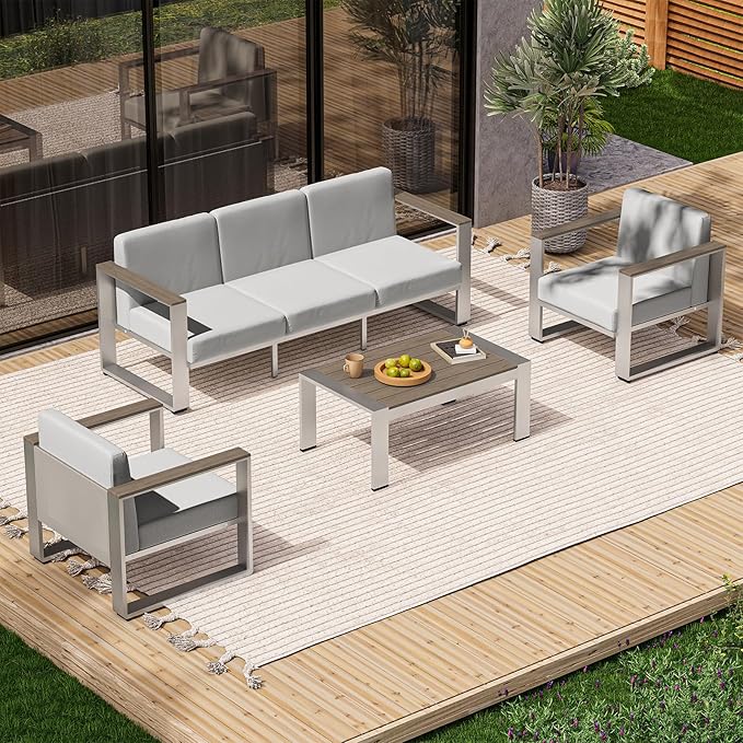 Aluminum Patio Furniture Set, 5 Seats Outdoor Patio Conversation Sets with Ergonomic Seat and Wide Washable Thick Cushions, Modern Outdoor Sectional Furniture for Balcony, Porch (Gray)