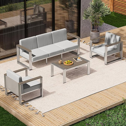 Aluminum Patio Furniture Set, 5 Seats Outdoor Patio Conversation Sets with Ergonomic Seat and Wide Washable Thick Cushions, Modern Outdoor Sectional Furniture for Balcony, Porch (Gray)