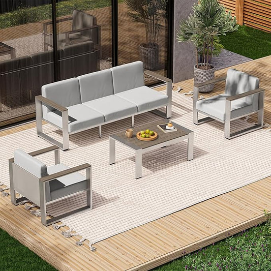 Aluminum Patio Furniture Set, 5 Seats Outdoor Patio Conversation Sets with Ergonomic Seat and Wide Washable Thick Cushions, Modern Outdoor Sectional Furniture for Balcony, Porch (Gray)
