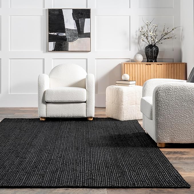 nuLOOM 6x9 Rigo Jute Hand Woven Area Rug, Black, Solid Farmhouse Design, Natural Fiber, For Bedroom, Living Room, Dining Room, Hallway, Office, Kitchen, Entryway