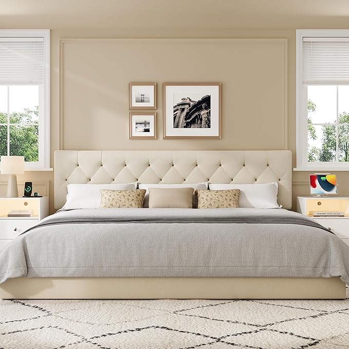 King Upholstered Headboard Only for Bed Frame from 65”-78”, Adjustable Height King XL Headboards with Durable Wood Legs, Fabric Bed Board in Modern Button Design, Beige