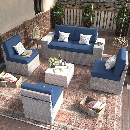 6-Piece Patio Furniture Set, Outdoor Extra Wide Armrest Modular Patio Sofa, Dual-Strand Rattan Wicker, Rust-Resistant Frame, Backyard High Back, Large Seat Furniture for Porch Garden Balcony, Blue