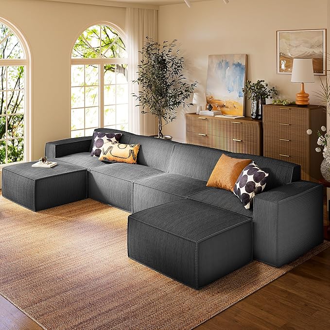 Marsail Modular Sectional Sofa, 142" U-Shaped Modular Sectional Couch with Deep Seat, Freely Combinable Sectional Clound Sofa for Living Room, No Assembly, Plush Corduroy Fabric, Grey