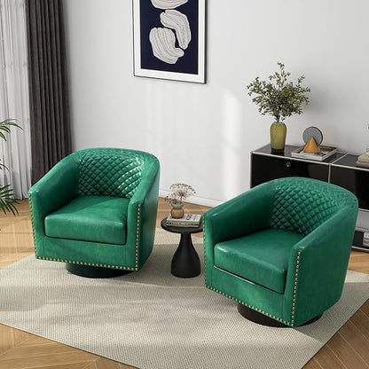 Pia Ricco Faux Leather Swivel Barrel Accent Chairs Set of 2, 360° Swivel Round Single Sofa Chair, Comfy Upholstered Club Armchair with Nailhead Trim for Living Room/Reading Room/Bedroom, Green