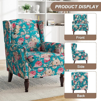 Pia Ricco Set of 2 Floral Accent Chairs, High Back Upholstered Armchairs with Retro Wingback Design, Nailhead Trim & Solid Wood Legs for Living Room Bedroom(Peacock Blue)