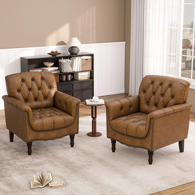 Faux Leather Accent Chairs Set of 4, Upholstered Armchairs with Nailhead Trims & Wood Legs for Living Room, Bedroom, Contemporary Comfy Club Chairs for Office-Camel