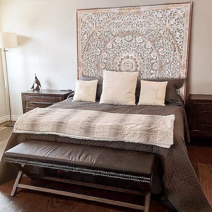 King Wood Bed Headboard Rustic | Carved Full Head Board Only | Wooden Decor Full Size Bed | Wall Mount Wood Art King or Queen (Manusa Antic, California King)