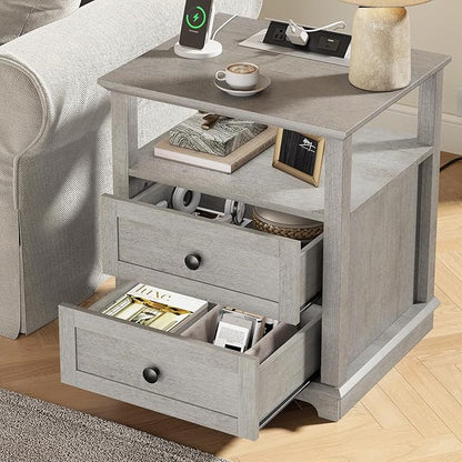 HIFYOBRO Large End Table Set of 2, 2 Drawers and Hidden Charging Station, Type-C & USB Port & Power outlets, Wooden End Table, Side Table with Storage for Living Room and Bedroom