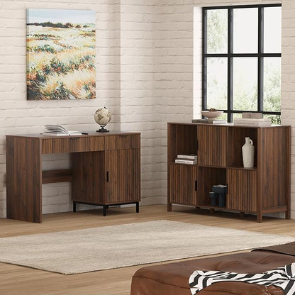 47" Fluted Executive Desk, Modern Wood Home Office Desk with Charging Station, Drawer & Cabinet, Computer Writing Desk for Work Study, Brown