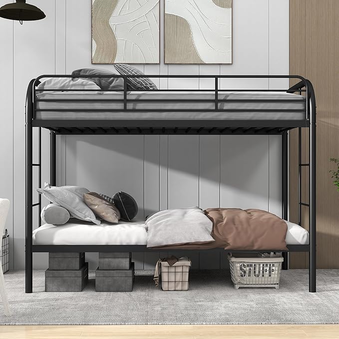 Bunk Bed Twin Over Twin Metal Bunk Bed w/Full-Length Guardrail & Side Ladder, Low Metal Bed Frame for Teens, Girls, Boys, Adults,No Box Spring Needed (C Black)