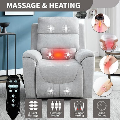 PELUMY Power Lift Recliner Chair for Elderly with Massage and Heat, Dual Motor Heavy Duty 350lbs Recliner, 8-Point Vibration & Lumbar Heating, Electric Lift Chair (Chenille, Light Grey)