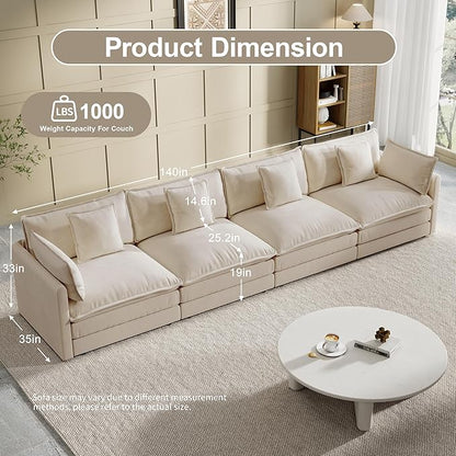 Modular Sectional Sofa, 146.5 Inch I-Shaped Cloud Sofa with Deep Seat Chenille Sofa with Cushions, Four Seater Sectional Sofa for Living Room Apartment,Light Coffee