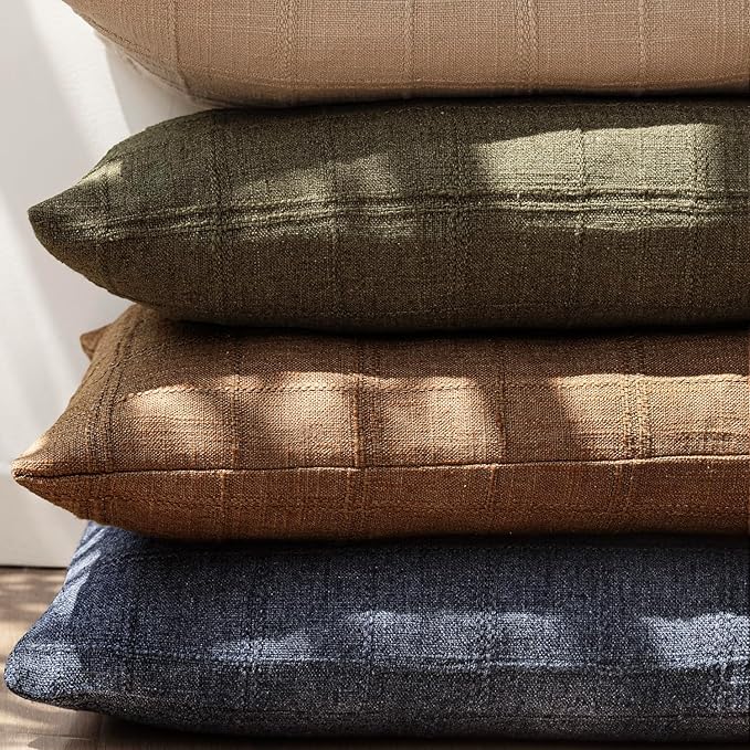 Foindtower Set of 2 Decorative Linen Check Throw Pillow Covers Neutral Farmhouse Vintage Cushion Covers Modern Boho Home Decor for Sofa Chair Couch Bedroom Living Room,16×16 Inch,Navy Blue