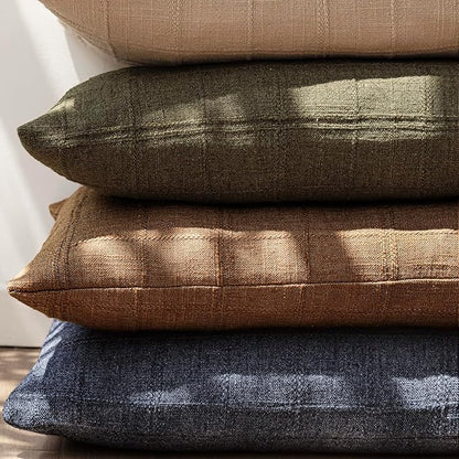 Foindtower Set of 2 Decorative Linen Check Throw Pillow Covers Neutral Farmhouse Vintage Cushion Covers Modern Boho Home Decor for Sofa Chair Couch Bedroom Living Room,18×18 Inch,Navy Blue