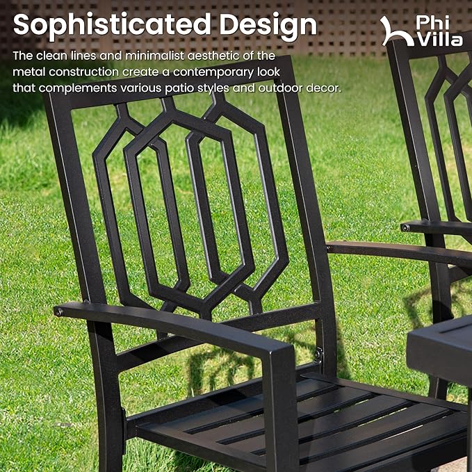 PHI VILLA Set of 4 Stackable Wrought Iron Patio Dining Chairs, Portable Black Outdoor Bistro Deck Metal Chairs, Support 300 lbs, Ideal for Garden, Backyard, Lawn