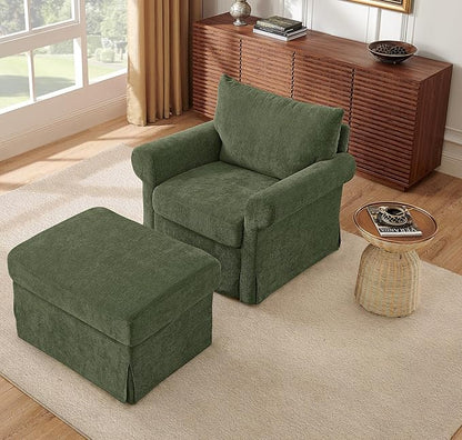Modern Accent Chairs with Ottoman Set, Comfy Chenille Reading Armchair with Rolled Arms and Cushion Backrest, 35.8" W Chaise Lounge Chair for Living Room, Bedroom, Study, Apartment, Green