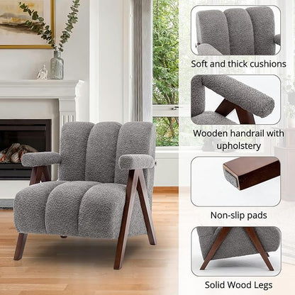 Mid Century Modern Accent Chairs Set of 2 with Solid Wood Frame, Boucle Upholstered Living Room Chairs with Thick Cushion, Comfy Tufted Arm Chair for Bedroom, Grey