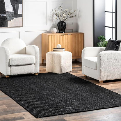 nuLOOM 6 Square Rigo Jute Hand Woven Area Rug, Black, Solid Farmhouse Design, Natural Fiber, For Bedroom, Living Room, Dining Room, Hallway, Office, Kitchen, Entryway