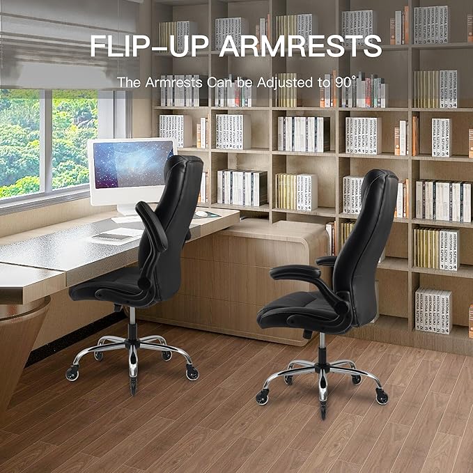 Big and Tall Office Chair for Heavy People, Executive Desk Computer Chair Adjustable Flip-up Armrests, PU Leather Swivel Task Chair with Ergonomic High Back and Lumbar Support