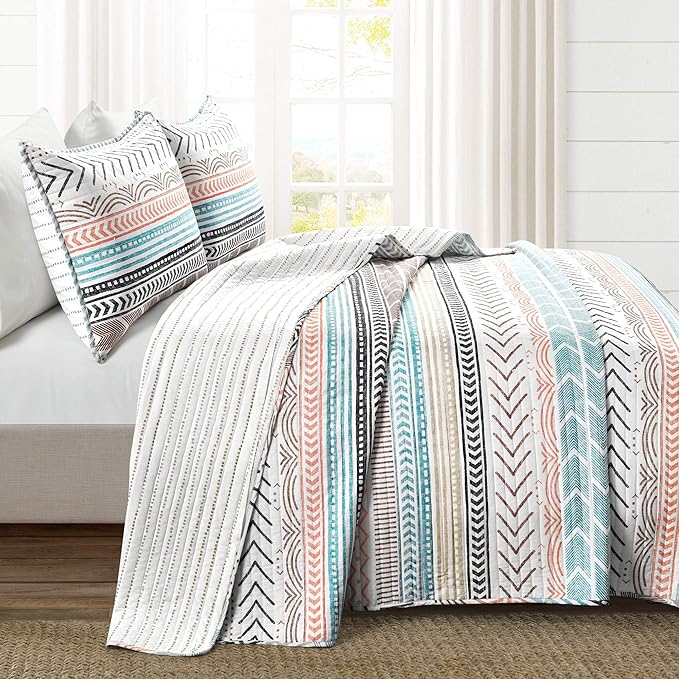 Lush Decor Hygge Geo Pattern Striped 3 Piece Quilt Bedding Set, Full/Queen, Neutral & Multicolored