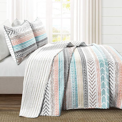 Lush Decor Hygge Geo Pattern Striped 3 Piece Quilt Bedding Set, Full/Queen, Neutral & Multicolored