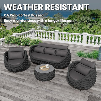 Woven Rope Patio Furniture Set: 4 Pieces Aluminum Outdoor Conversation Sofa Set Assembled - Modern Couch Set Cushioned - All Weather Metal Porch Seating for 5 Person Deck Garden Hotel, Dark Gray