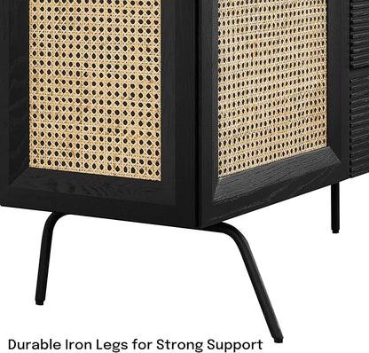 NTC MOSSIC Large Sideboard with 2 Doors and 3 Drawers, Buffet Cabinet with Natural Rattan and Metal Legs, Modern Storage Cabinet for Living Room, and Hallway, Effortless Assembly - Burnt Black