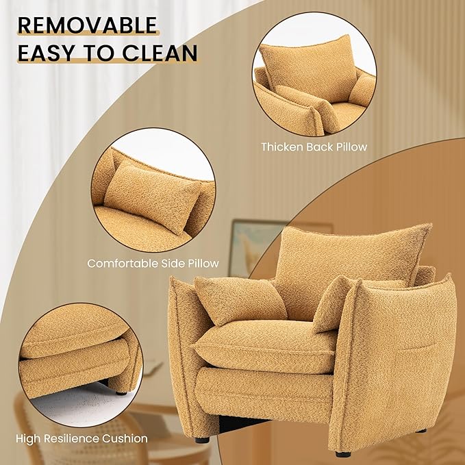 Chenille Oversized Accent Chairs Set of 2, Modern Oversized Armchair with Removable Pillow, Comfy Living Room Chair with Side Pocket Storage for Bedroom, Office, Yellow