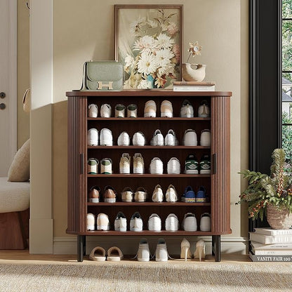 Maupvit Shoe Storage Cabinet with Smooth Fluted Sliding Doors, 5-Tier Shoe Cabinet Storage for Entryway, Narrow Hidden Shoe Rack for Front Door Entrance, Metal Handles and Legs, Walnut