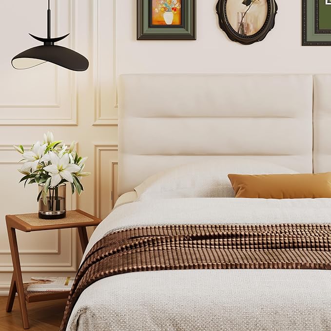 Queen Size Velvet Headboard Foldable Panels Backboard, Upholstered Full Headboard Adjustable Height from 42" to 56" Head Borad-Ivory