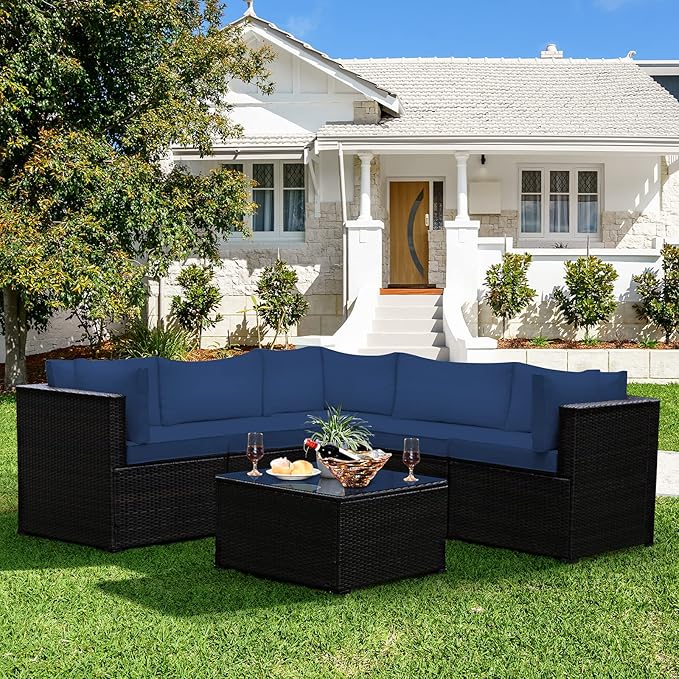 Tangkula 6 Pieces Patio Furniture Set, Outdoor Rattan Sofa Set, Wicker Conversation Set w/Tempered Glass Coffee Table & Cushions, Sectional Sofa Set for Backyard, Garden, Balcony, Poolside